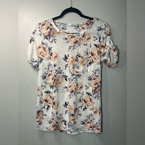 twenty second White Tee with Cream Rose Print and Gray Leaves